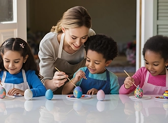 Children painting eggs at a table with a smiling adult assisting.