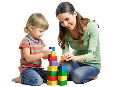 Child and woman stacking colorful toy blocks together.