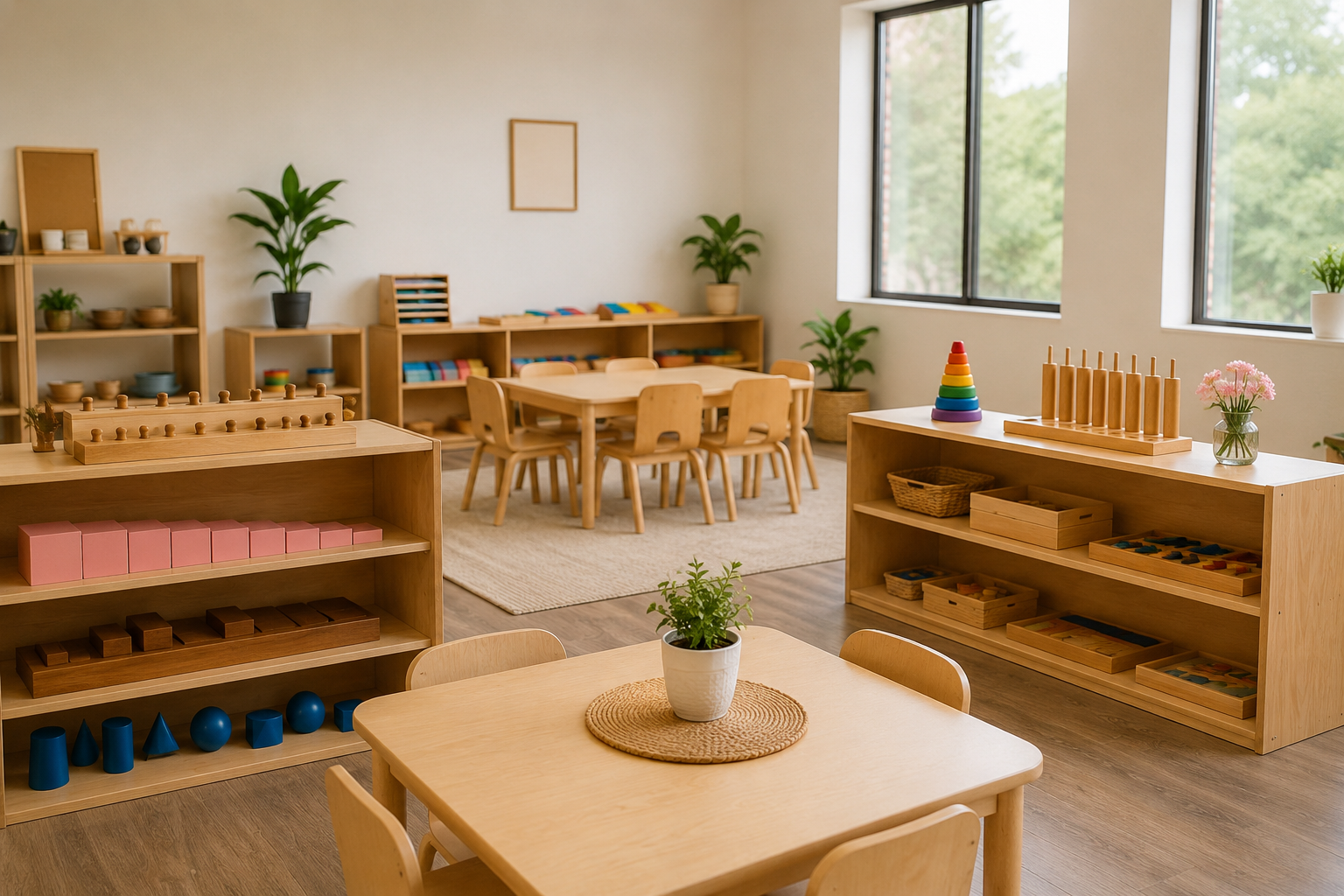 Bright Montessori Classroom with Wooden Furniture and Educational Materials, Day Care Porter Ranch