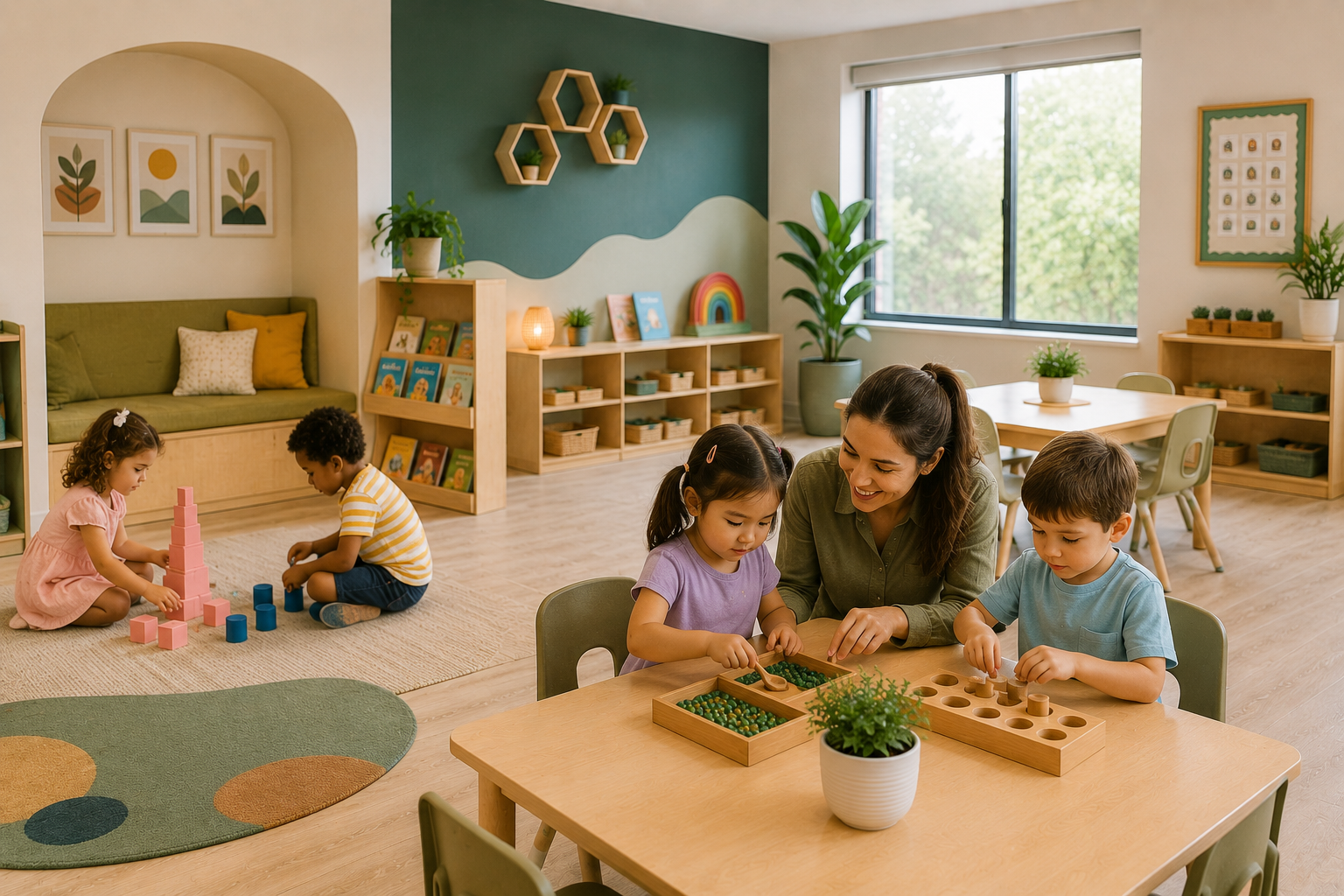 Children and Teacher Engaged in Activities in Day Care Porter Ranch Classroom