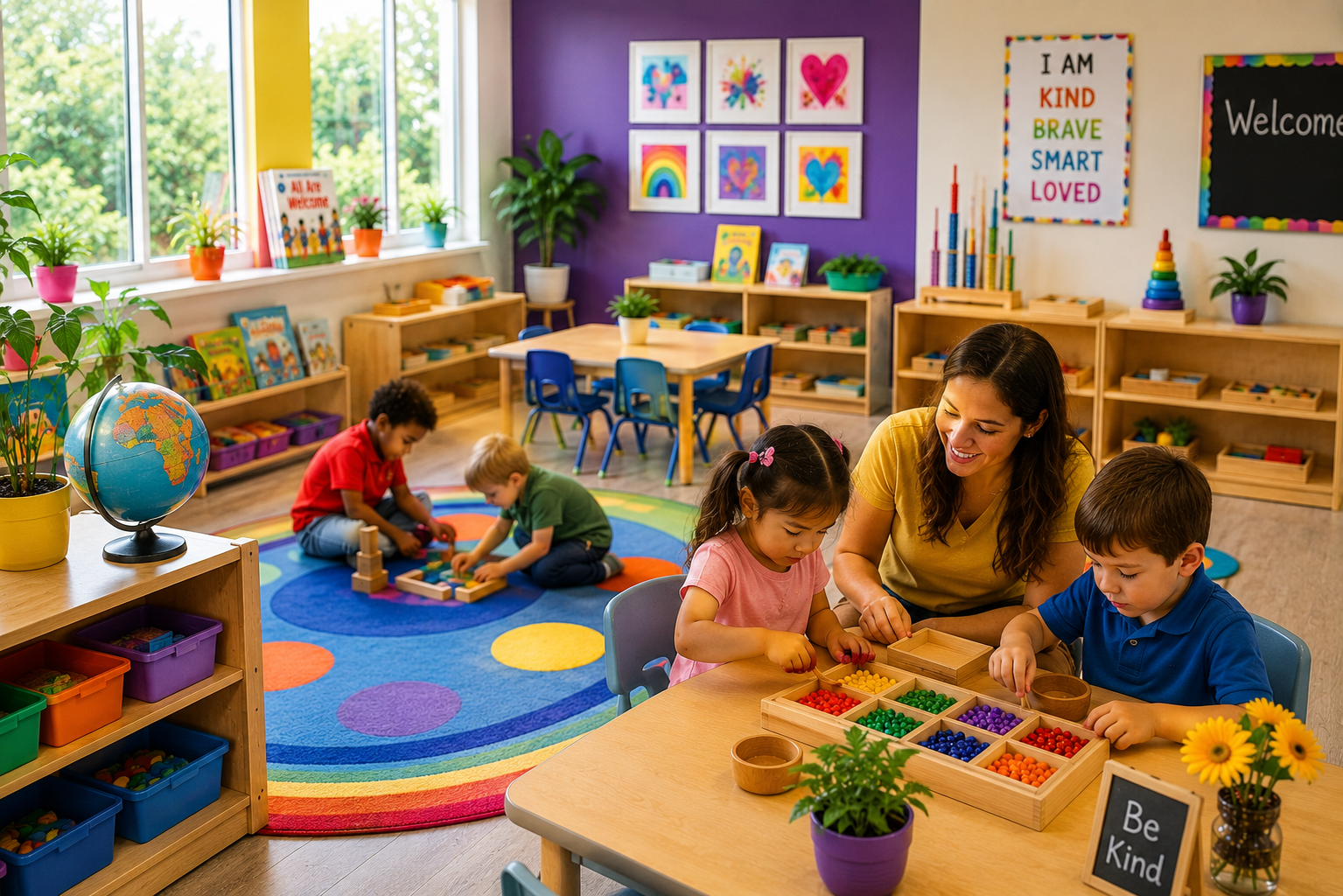 Teacher Assisting Children with Educational Activities in a Day Care Porter Ranch